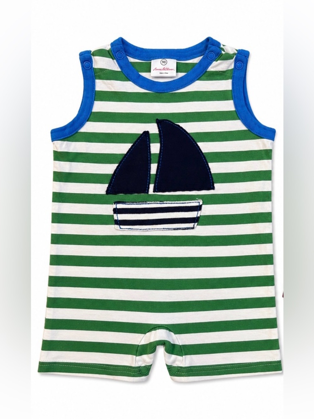 Hanna Andersson 2T Sailboat Striped Tank Romper Green White Cotton Nautical